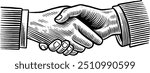 Hand drawn Handshake. Two Hands Shaking. Business Deal Hand Sign. Hand Gesture Sketch Illustration Engraving Woodcut Vintage Style Vector Line Art