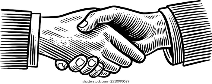 Hand drawn Handshake. Two Hands Shaking. Business Deal Hand Sign. Hand Gesture Sketch Illustration Engraving Woodcut Vintage Style Vector Line Art