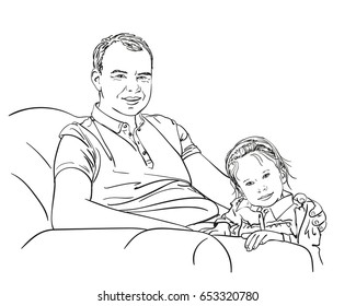 Hand drawn handsome father and little cute daughter sitting together in sofa, Vector sketch isolated on white, Line art illustration