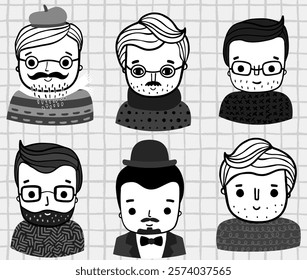 Hand drawn handsome modern vector men faces, busts with sweaters, costumes, beard, mustache and eyeglasses, Retro doodle character illustrations for social media, business graphic design