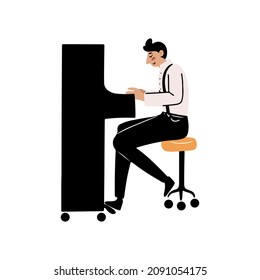 Hand drawn handsome musician playing on piano, cartoon doodle style isolated vector illustration