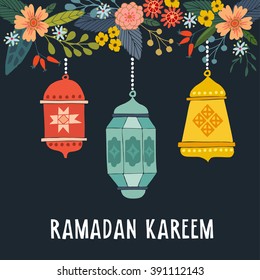 Hand drawn hanging arabic lantern with flowers, floral frame, vector illustration background for muslim community holy month Ramadan Kareem