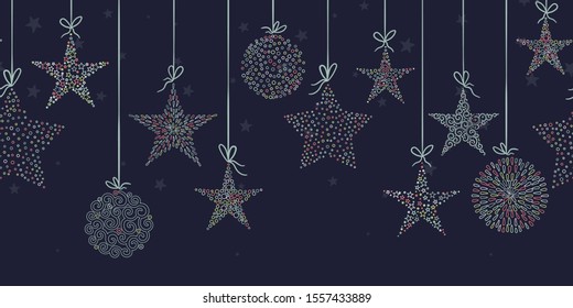 Hand drawn hanging christmas baubles horizontal seamless, great for christmas themes, banners, wallpaper, textiles - vector design