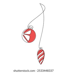 Hand drawn hanging Christmas tree red ball baubles. One line continuous drawing vector. Festive ornaments illustration, print, banner, card, poster, sign, symbol, ornament, holiday decor icon, cartoon