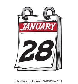 hand drawn hanging daily calendar for January line art vector illustration date 28