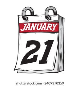 hand drawn hanging daily calendar for January line art vector illustration date 21