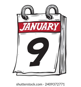 hand drawn hanging daily calendar for January line art vector illustration date 9