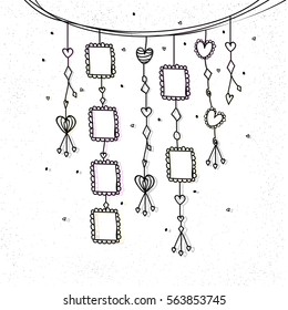 Hand Drawn Hanging design with blank frames to add your text for Happy Valentine's Day celebration or Love concept.