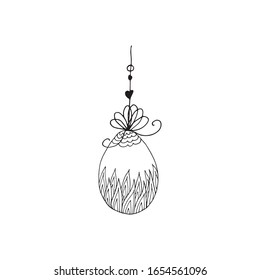 Hand drawn hanging Easter ornamental egg. Doodle vector illustration in cute zen art style. For Happy Easter greeting card, poster and seasonal design. Isolated on white background.