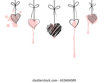 hand drawn hanging hearts on white background. vector illustration