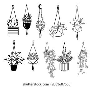 Hand drawn hanging house plants. Black silhouettes of different plants in pots. Vector illustration isolated on white background