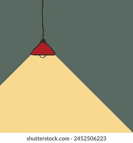 Hand drawn hanging lamp with red lampshade illuminating the darkness with a triangle of warm light, Vector illustration flat style, Copy space for text