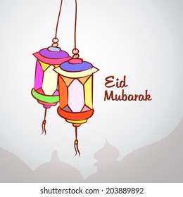 Hand drawn hanging lantern for greeting card design holy month of muslim Eid Mubarak.