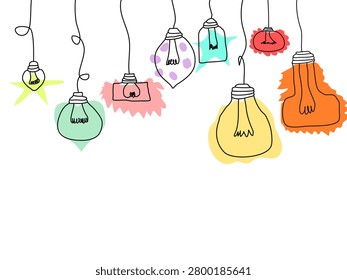 Hand drawn hanging light bulbs with colorful splashes. Creative concept illustration for ideas and brainstorming.