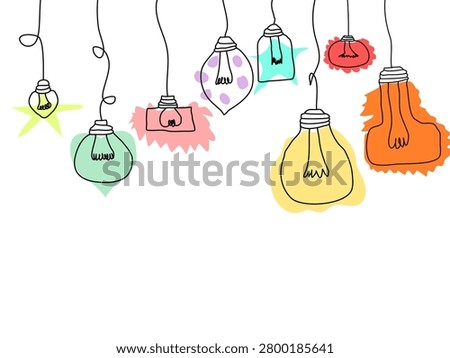 Hand drawn hanging light bulbs with colorful splashes. Creative concept illustration for ideas and brainstorming.