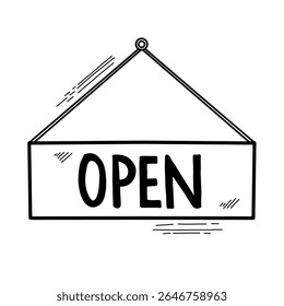 Hand drawn hanging open sign Illustration. Vector Doodle. Isolated on White Background