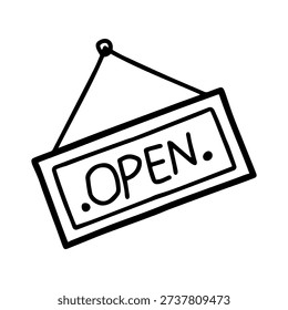 Hand drawn hanging open sign Illustration. Vector Doodle. Isolated on White Background