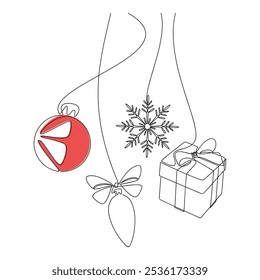 Hand drawn hanging red Christmas balls ornaments. Vector one line continuous gift box. Winter holiday, snowflake icon. Festive design, print, poster, postcard, New Year greeting card, cartoon, doodle
