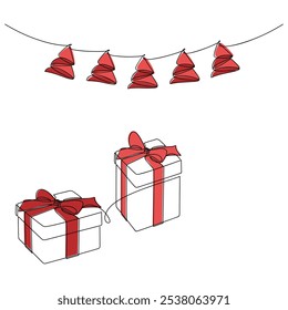 Hand drawn hanging red Christmas tree garland ornaments. Vector one line continuous gift box. Winter holiday linear icons. Festive design, print, poster, postcard, New Year greeting card, cartoon