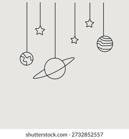 Hand drawn hanging space mobile with planets and stars. Vector line art illustration of celestial bodies in minimalist style.