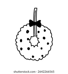 Hand drawn hanging wreath with bow, cartoon doodle vector illustration isolated on white background. Cute Christmas wreath.