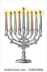 Hand drawn Hanukkah menorah with burning colored candles. Silver Hanukkiah