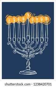 Hand drawn Hanukkah menorah with burning candles. Hanukkiah