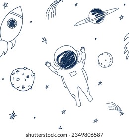 Hand drawn happy astronaut, planets and stars in cute childish doodle style on white background seamless pattern.Vector illustration for cover, print, fabric, textile, patterns, baby and kids apparel.