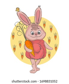 Hand drawn happy baby bunny with carrot. Rabbit character. Funny hare illustration in cartoon style for kids t-shirts, graphic, fashion print design,  shower card, greeting, invitation.