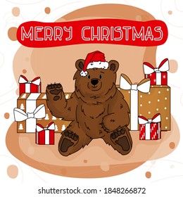Hand drawn happy bear grizzly is waving hand and sits on brown pink background