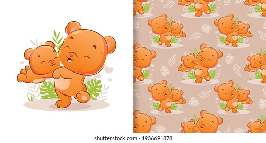 The hand drawn of happy bear is playing with the little bear in the garden of illustration