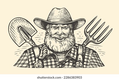 Hand drawn happy bearded farmer in hat with pitchfork and shovel in sketch style. Farm worker vector illustration