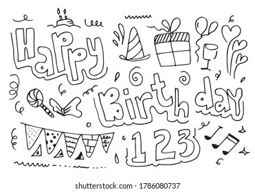 Hand drawn "Happy Birthday " with black text with Doodle background. Beautiful greeting card poster design elements, Handwritten modern brush lettering on white background isolated vector.
