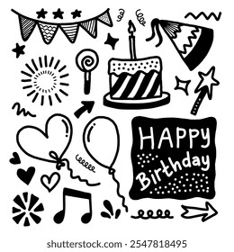 Dibujado a mano feliz cumpleaños con pasteles, cajas de regalo, globos y decoración del partido. Ideal para elemento de diseño, textiles, Anuncios,