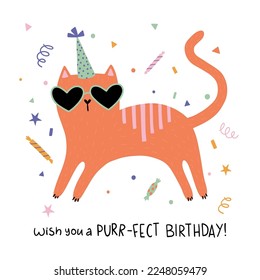 Hand drawn happy birthday card with funny cat with birthday cap and lettering Wish you a purfect Birthday. Vector illustration. Isolated on white background. Good for posters, t shirts, postcards.