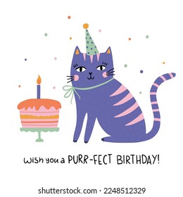 Hand drawn happy birthday card with funny cat with birthday cap and lettering Wish you a purfect Birthday. Vector illustration. Isolated on white background. Good for posters, t shirts, postcards.