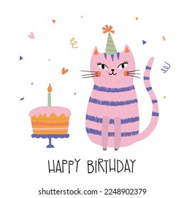 Hand drawn happy birthday card with funny cat with birthday cap and lettering Happy Birthday. Vector illustration. Isolated on white background. Good for posters, t shirts, postcards.