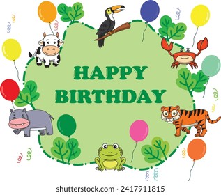 Hand drawn happy birthday card with cute wildlife animals. Cute colorful birthday poster. Vector illustration