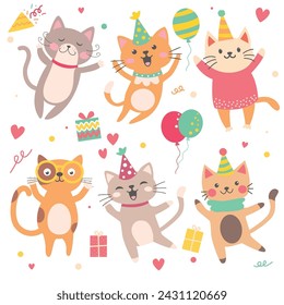 Hand drawn happy birthday card with funny cats with birthday cap