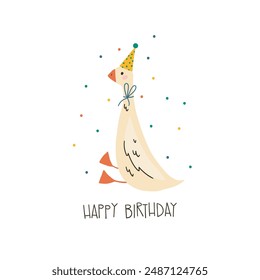 Hand gezeichnete Happy Birthday Karte mit lustiger Gans mit Geburtstagskappe und Schriftzug Happy Birthday. Lustiges Geburtstagskartendesign isoliert auf weißem Hintergrund. Gut für Plakate, T-Shirts, Postkarten.