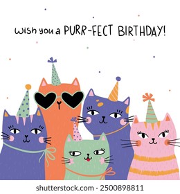 Hand drawn happy birthday card with funny cats with birthday cap and lettering Happy Birthday. Vector illustration. Isolated on white background. Good for posters, t shirts, postcards.