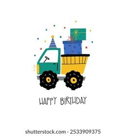 Tarjeta de feliz cumpleaños dibujada a mano con lindo coche de dibujos animados Camión con gorra de cumpleaños, regalos y letras Feliz cumpleaños. Ilustración vectorial aislada sobre fondo blanco. Bueno para carteles, camisetas, postal