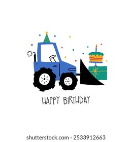 Tarjeta de feliz cumpleaños dibujada a mano con lindo tractor de coche azul de dibujos animados con gorra de cumpleaños, regalos, pastel y letras Feliz cumpleaños. Ilustración vectorial. Bueno para carteles, camisetas. Tarjeta de felicitación del bebé