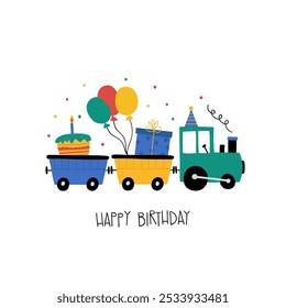 Tarjeta de feliz cumpleaños dibujada a mano con lindo tren de vapor de coche de dibujos animados con gorra de cumpleaños, bolas, regalos, pastel y letras Feliz cumpleaños. Ilustración vectorial. Bueno para carteles, camisetas, postales.