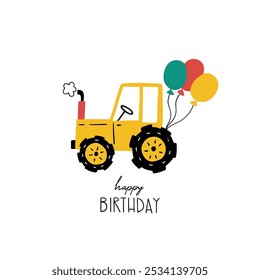 Cartão de aniversário feliz desenhado à mão com trator de carro de desenho animado bonito com bolas e letras Feliz Aniversário. Ilustração vetorial. Bom para cartazes, camisetas. Cartão de saudação do bebê. Cartão comemorativo de bebê