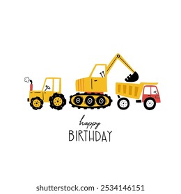 Tarjeta de feliz cumpleaños dibujada a mano con lindos coches de dibujos animados excavadora, tractor, camión con letras Feliz cumpleaños. Ilustración vectorial. Bueno para los carteles, camisetas, postales. Tarjeta de felicitación del bebé