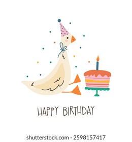 Hand drawn happy birthday card with funny goose with birthday cap and lettering Happy Birthday. Funny birthday card design Isolated on white background. Good for posters, t shirts, postcards.