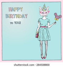 hand drawn happy birthday card with dressed up cat girl, greeting art, congratulatory design