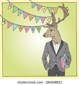 hand drawn happy birthday card with fashion deer boy, greeting art, congratulatory design
