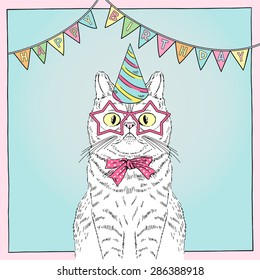 hand drawn happy birthday card with funny cat, greeting art, congratulatory design